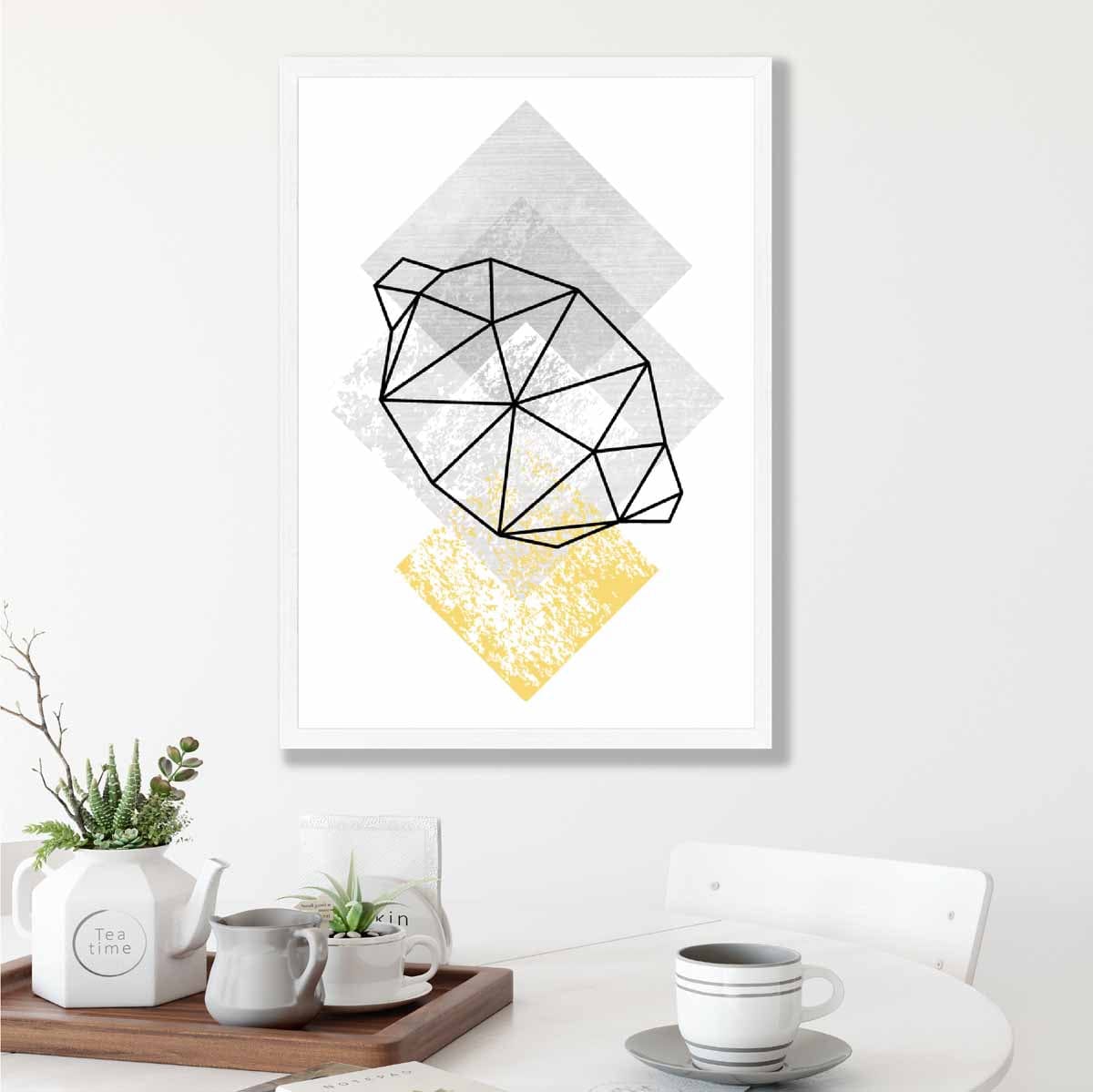 Geometric Fruit Line art Poster of Lemon Textured Yellow Grey