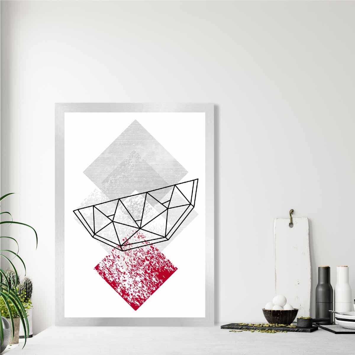 Geometric Fruit Line art Poster of Watermelon Textured Red Grey