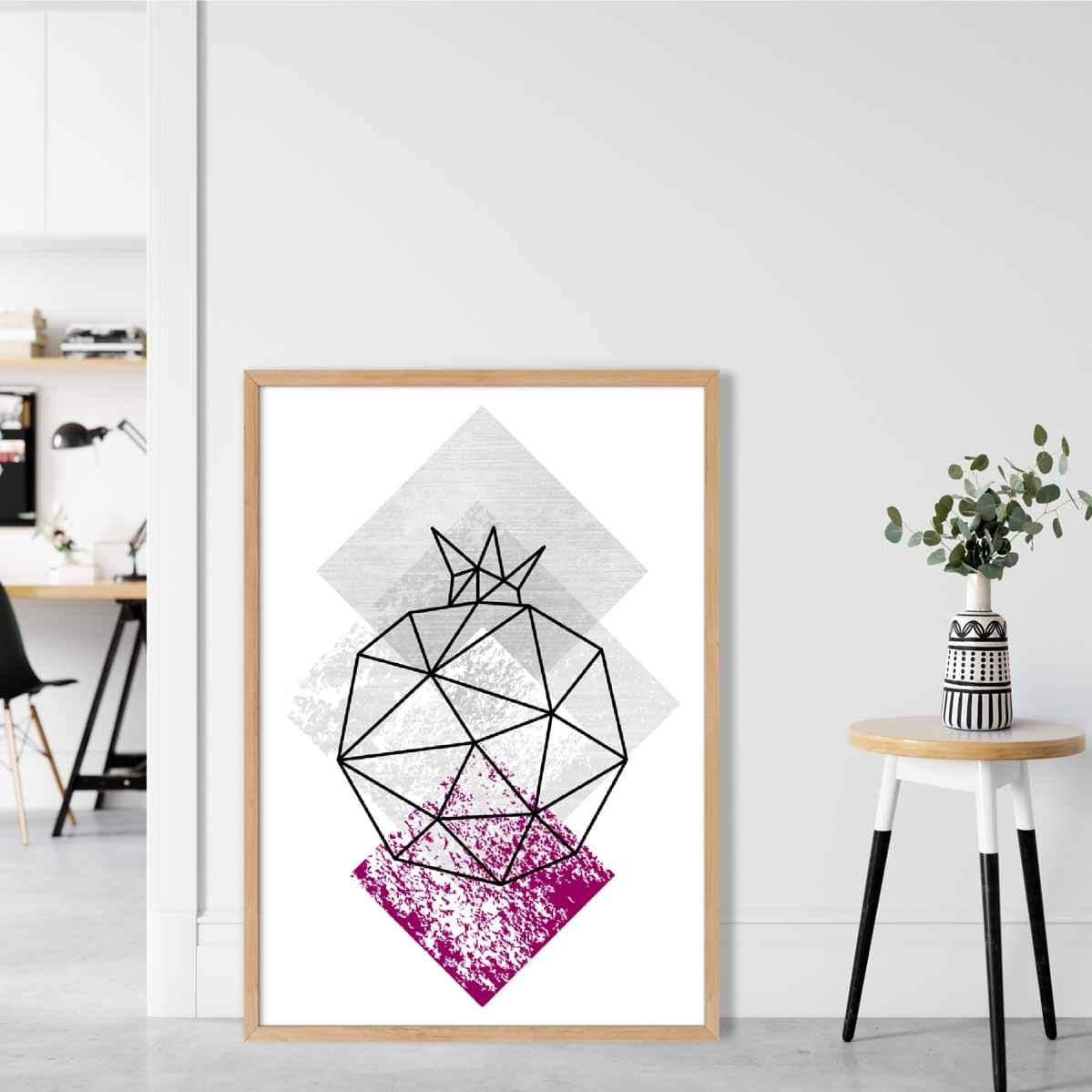 Geometric Fruit Line art Poster of Pomegranate Textured Purple Grey