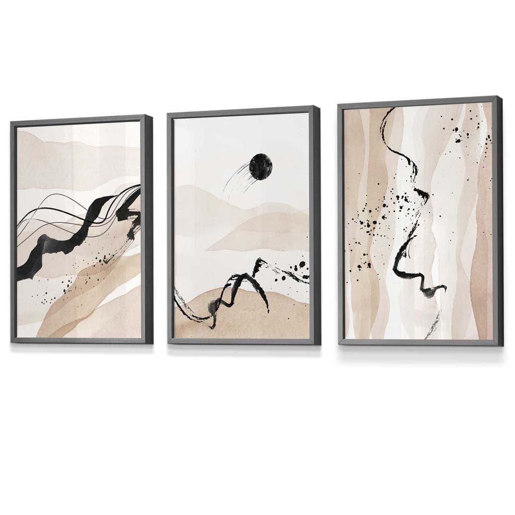 Set of 3 Abstract Beige and Black Landscape Wall Art Prints / Framed | Artze Wall Art UK
