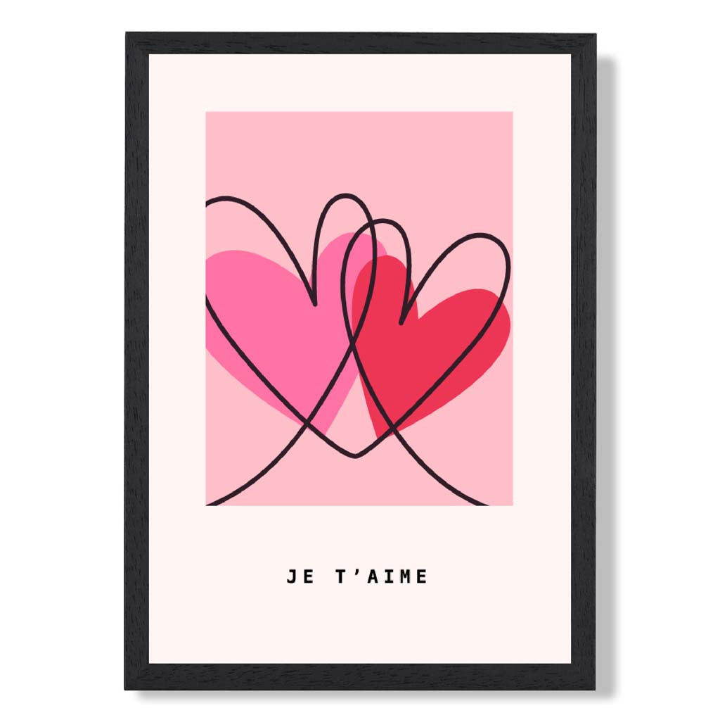 Je Taime Sketch Hearts print in Black Wooden Frame