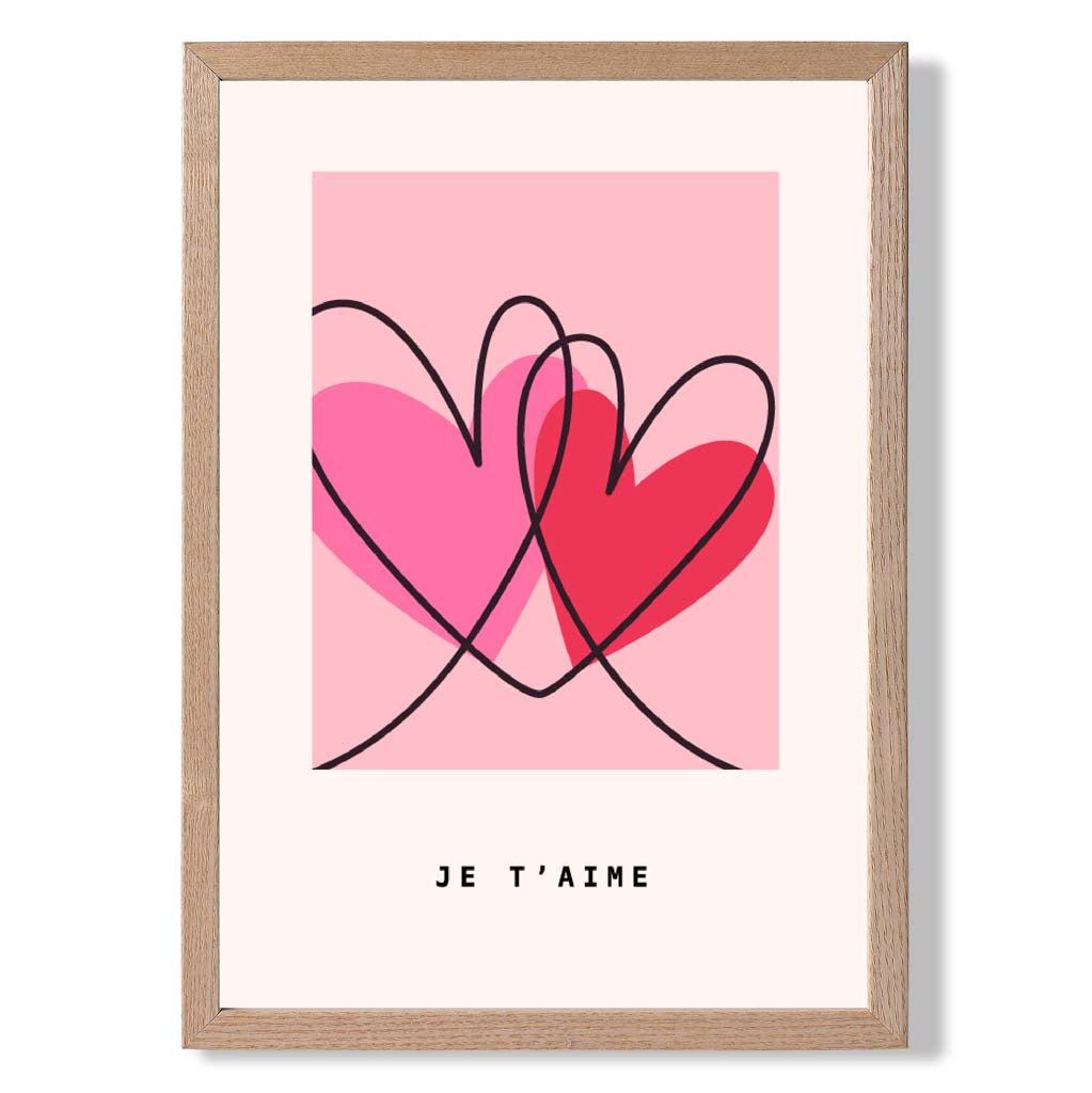 Je Taime Sketch Hearts print in Light Oak Wooden Frame