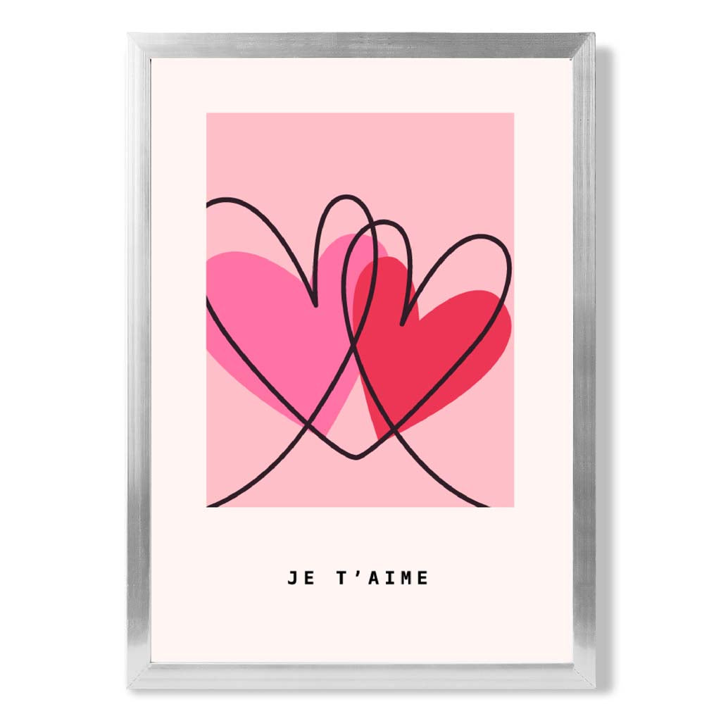 Je Taime Sketch Hearts print in Silver Wooden Frame