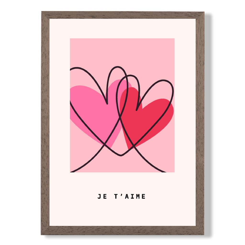 Je Taime Sketch Hearts print in Walnut Wooden Frame