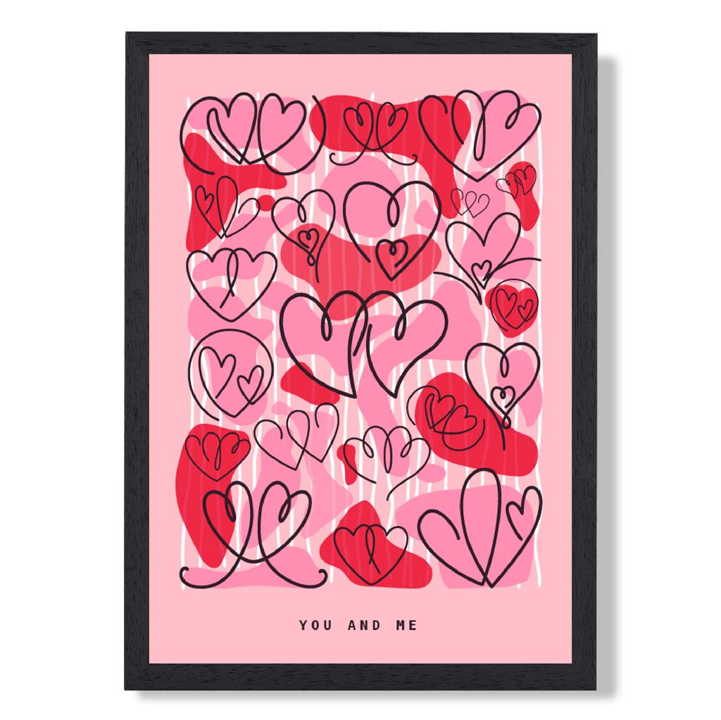 You and Me Sketch Hearts print in Black Wooden Frame