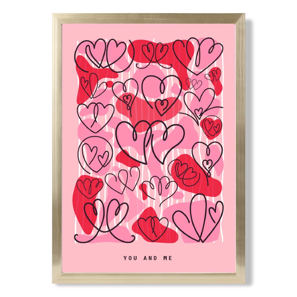 You and Me Sketch Hearts print in Gold Wooden Frame