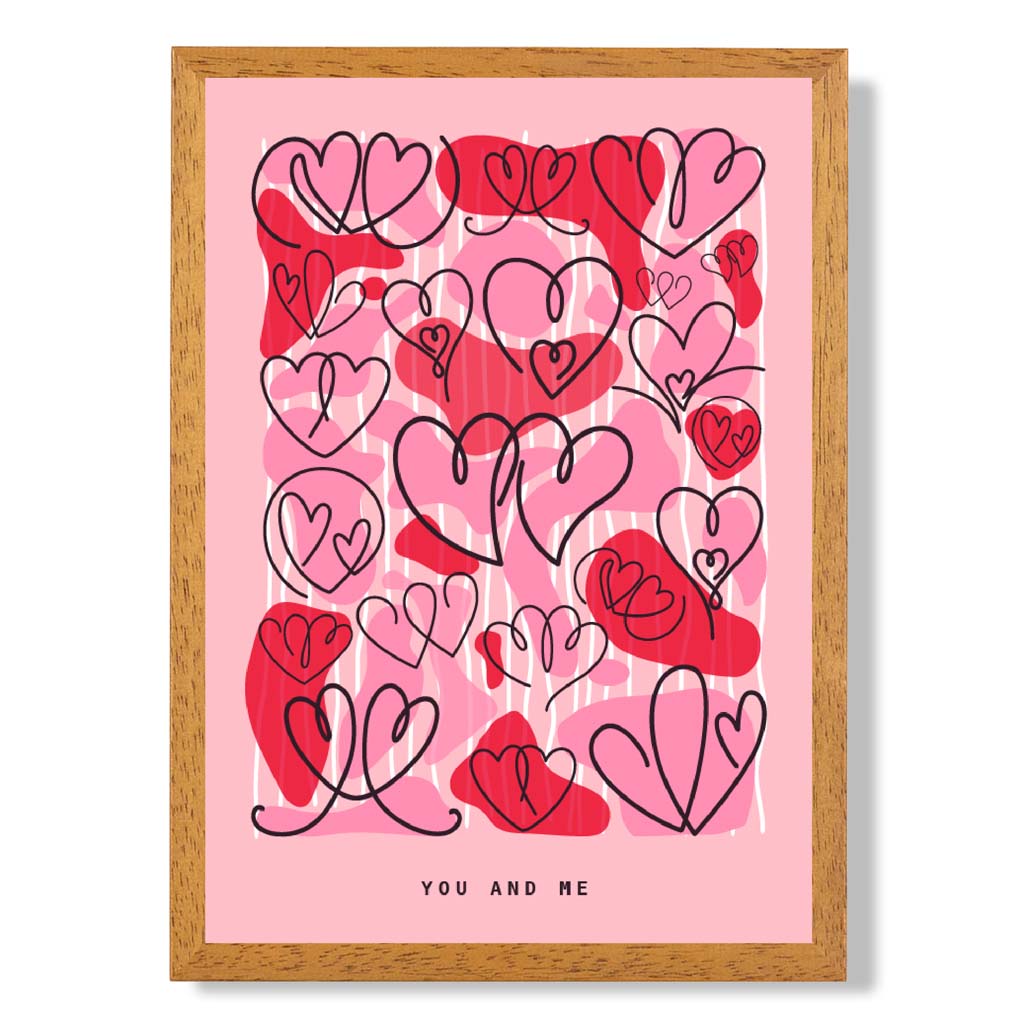 You and Me Sketch Hearts print in Oak Wooden Frame