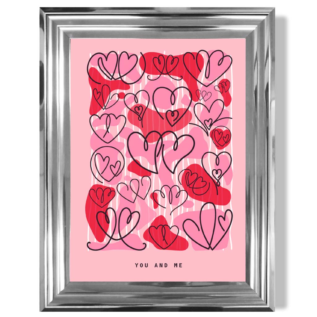 You and Me Sketch Hearts print in Chrome Glossy Frame