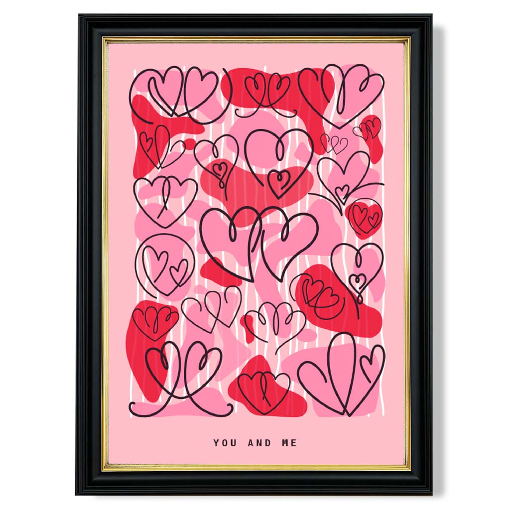 You and Me Sketch Hearts print in Black and Gold Frame