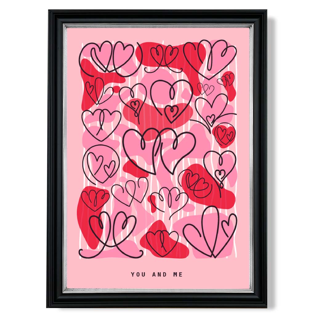 You and Me Sketch Hearts print in Black and silver Frame