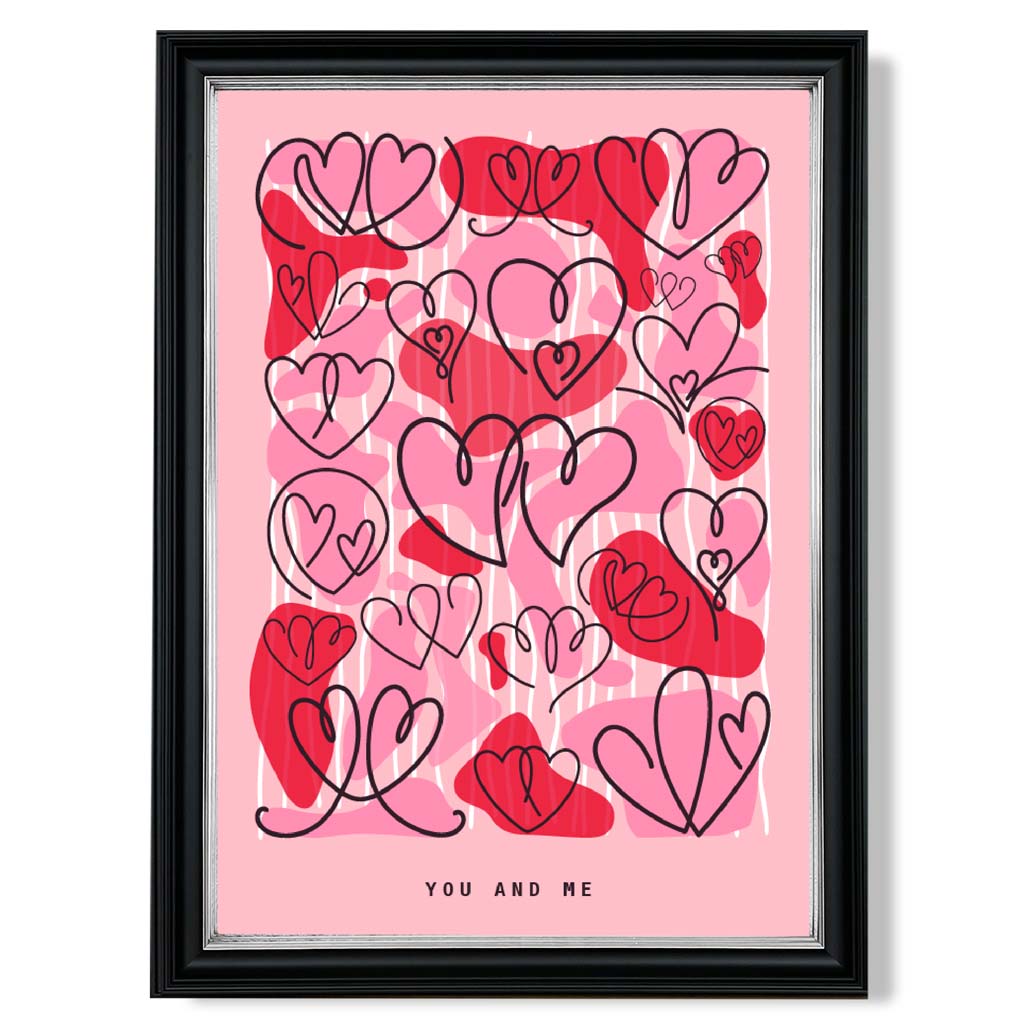 You and Me Sketch Hearts print in Black and silver Frame