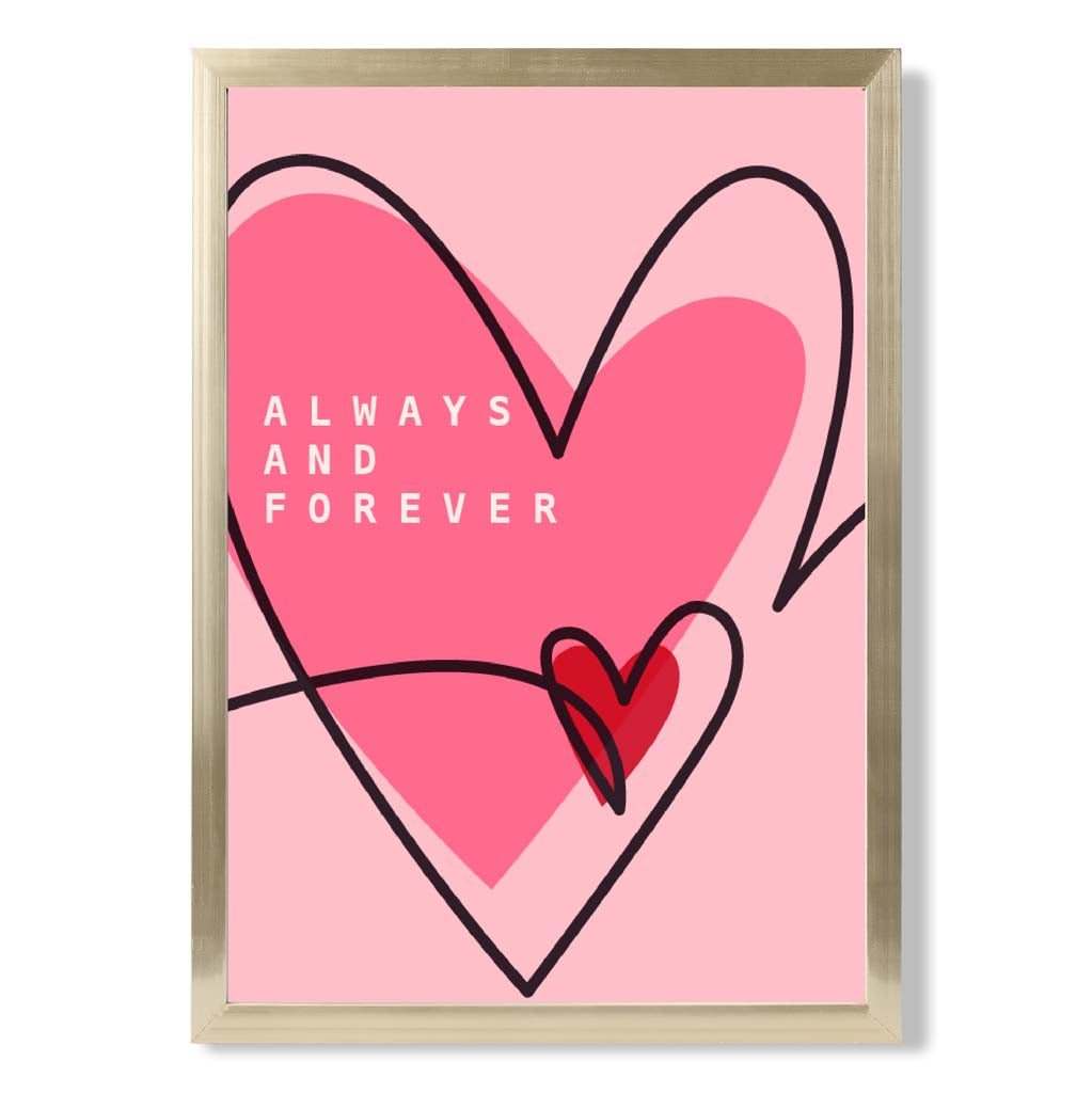 Always and Forever Sketch Hearts print in Gold Wooden Frame