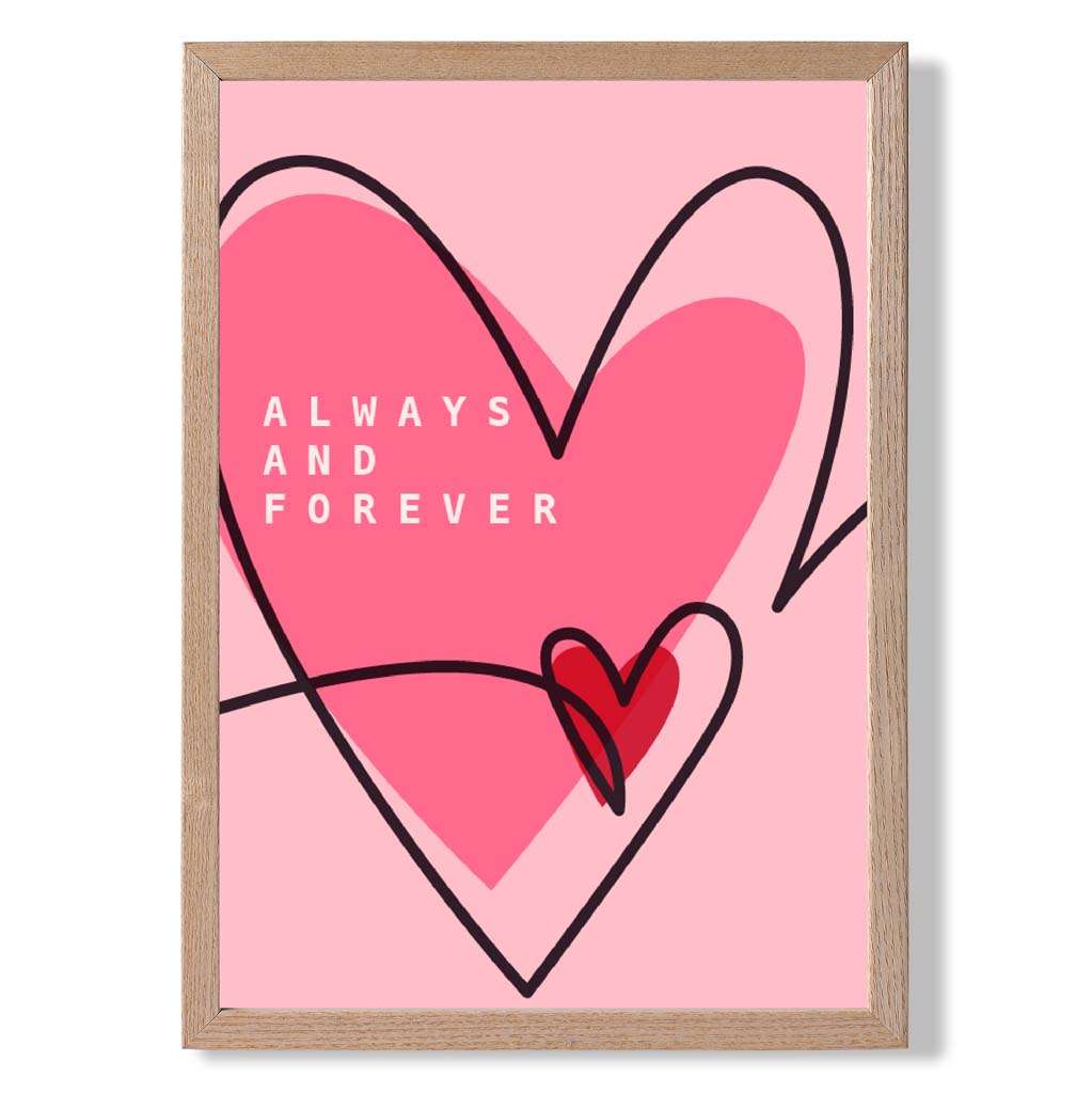 Always and Forever Sketch Hearts print in Light Oak Wooden Frame