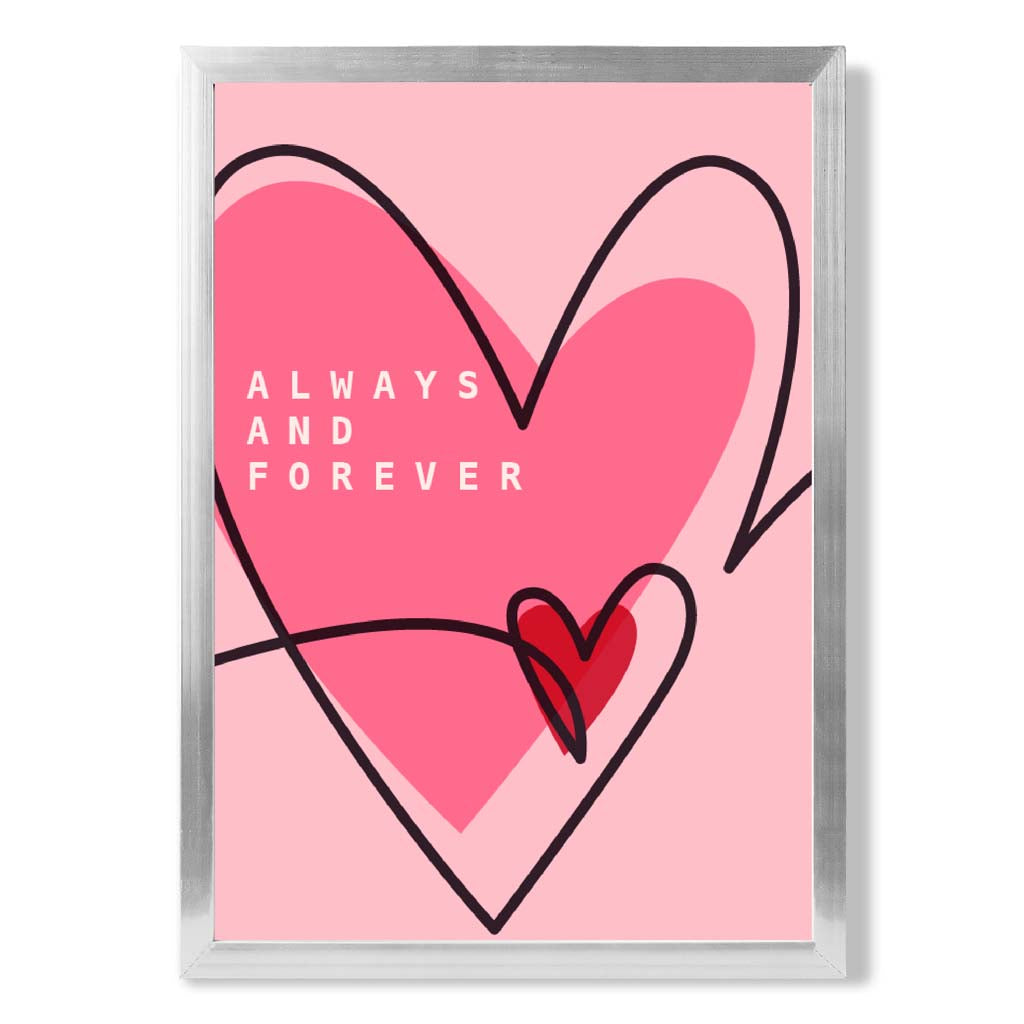 Always and Forever Sketch Hearts print in Silver Wooden Frame