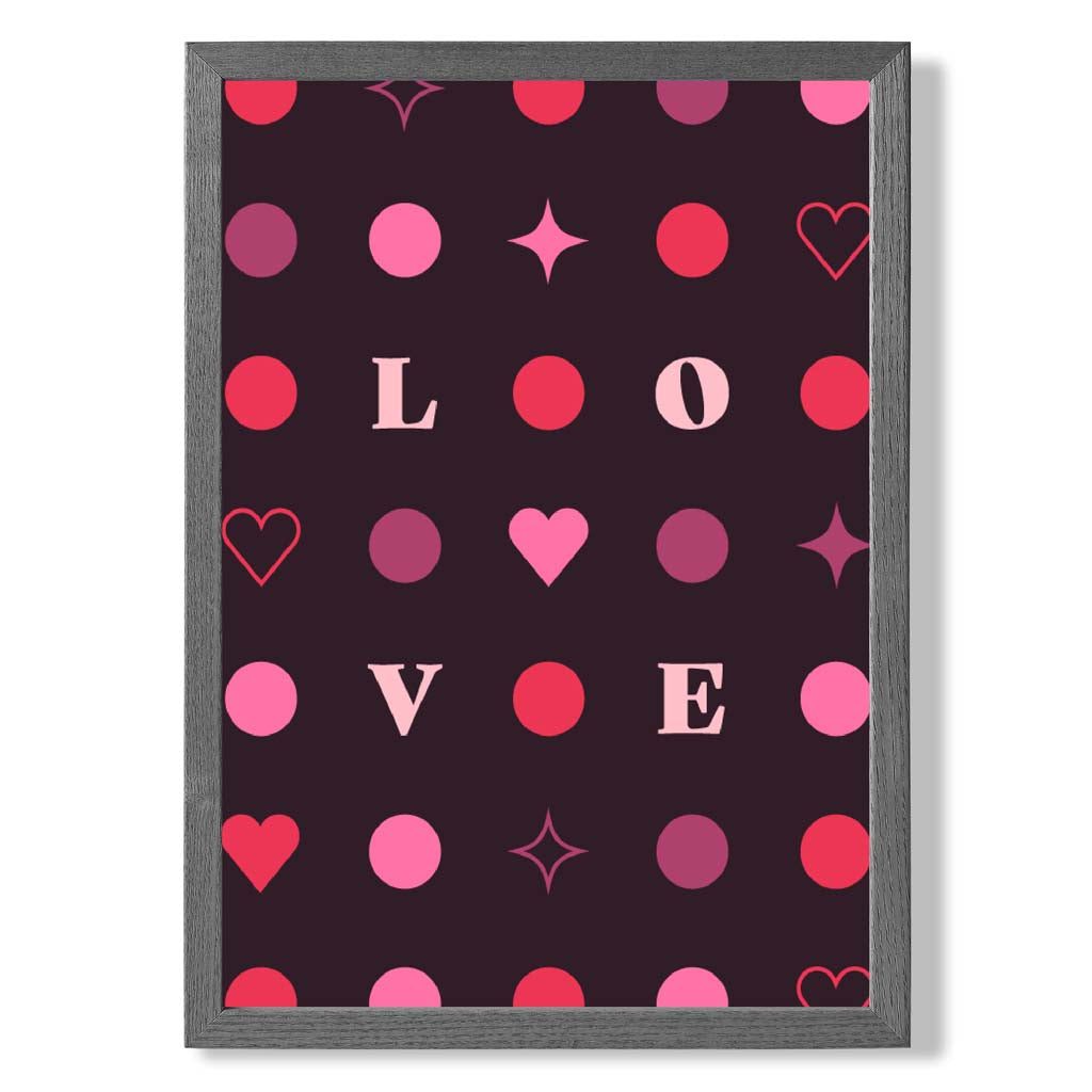 LOVE Hearts and Stars print in Dark Grey Wooden Frame