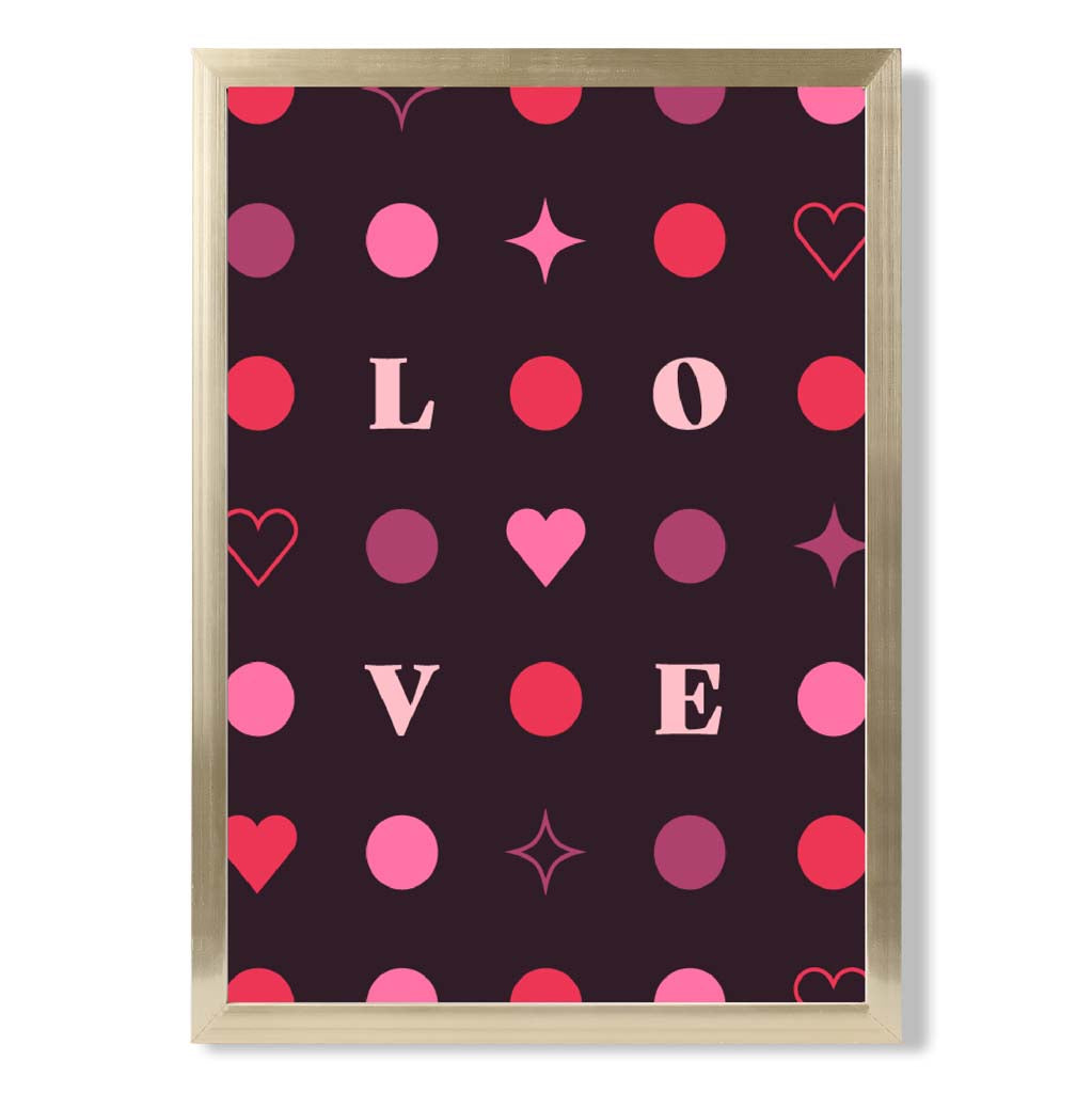 LOVE Hearts and Stars print in Gold Wooden Frame