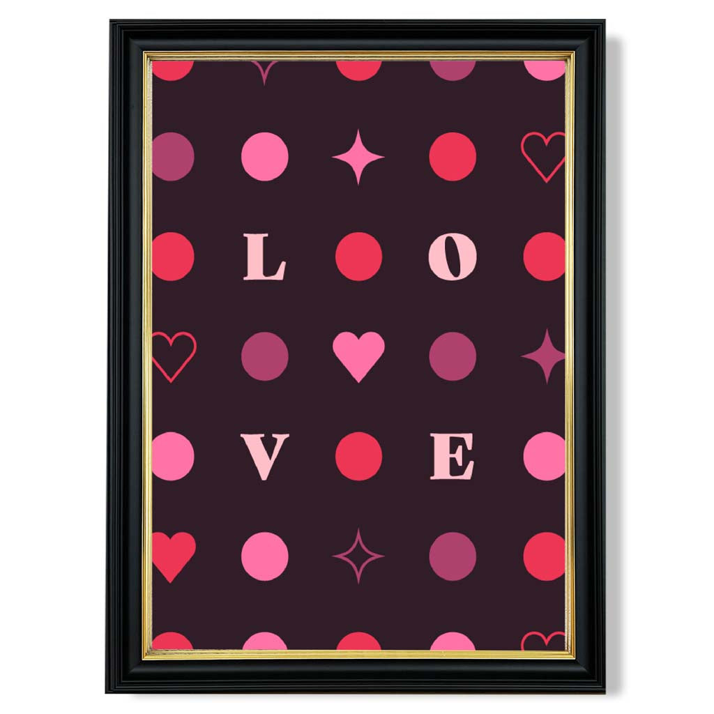 LOVE Hearts and Stars print in Black and Gold Frame