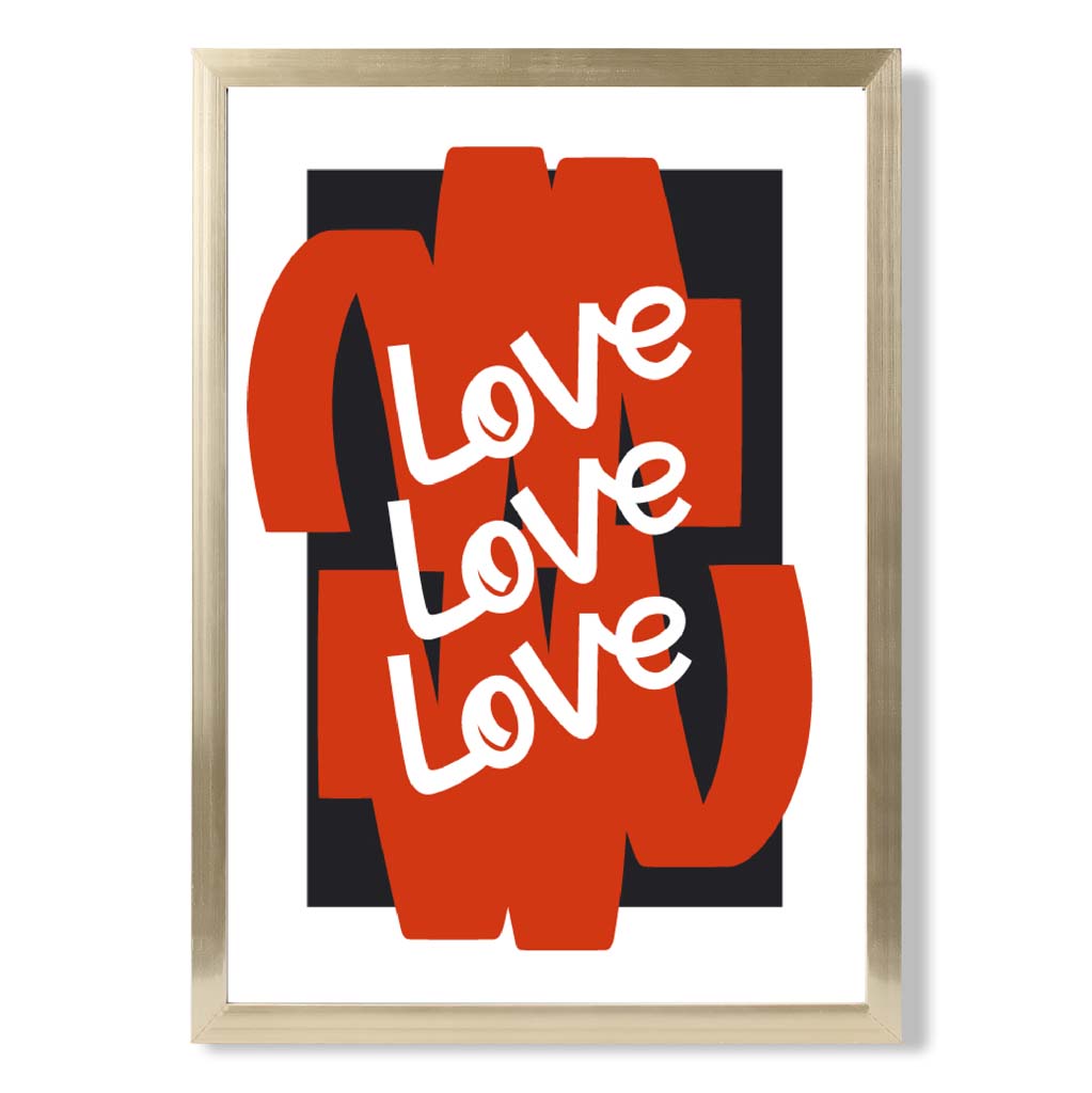 Love Love Love print in Gold Wooden Frame