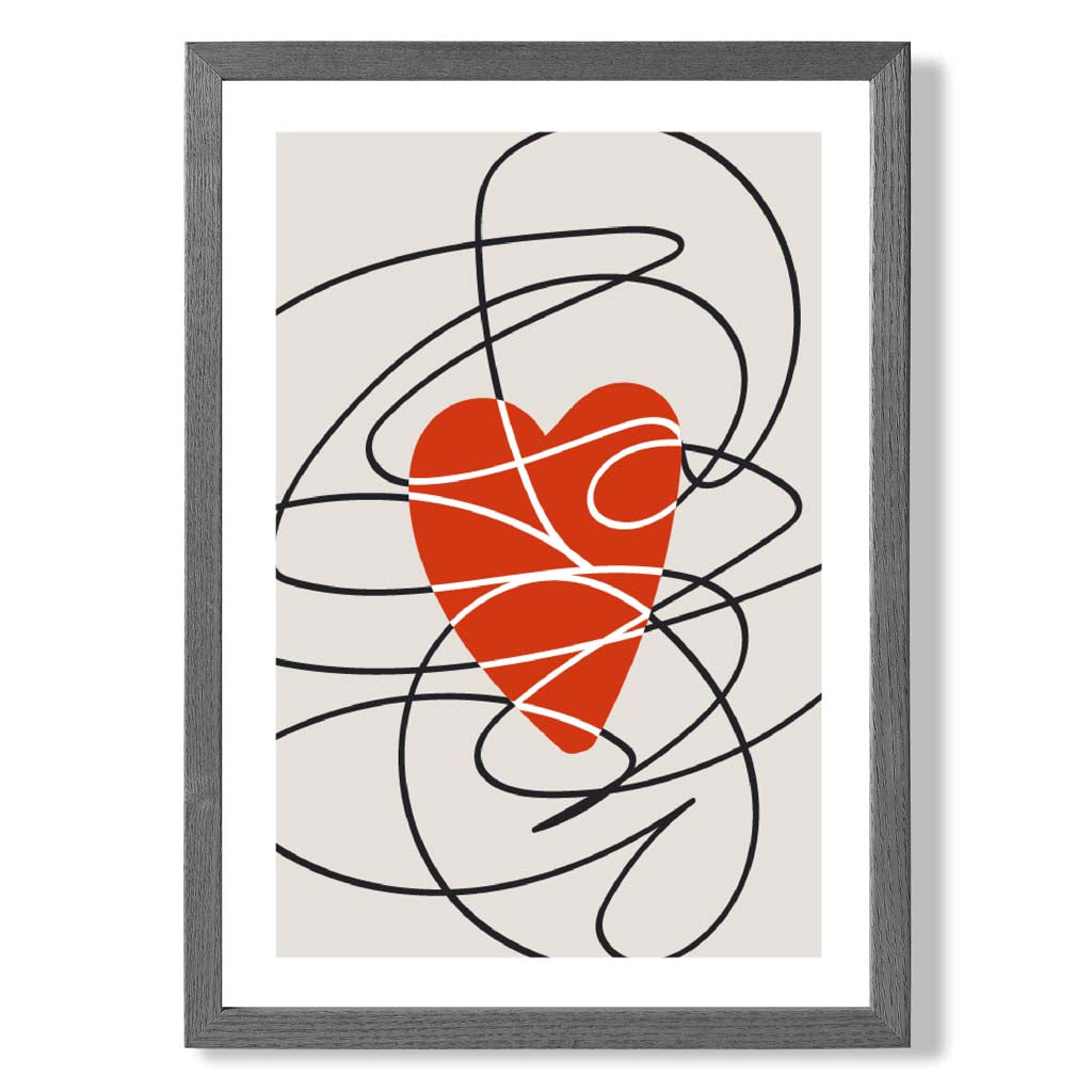 Retro Sketch Heart Sketch print in Dark Grey Wooden Frame