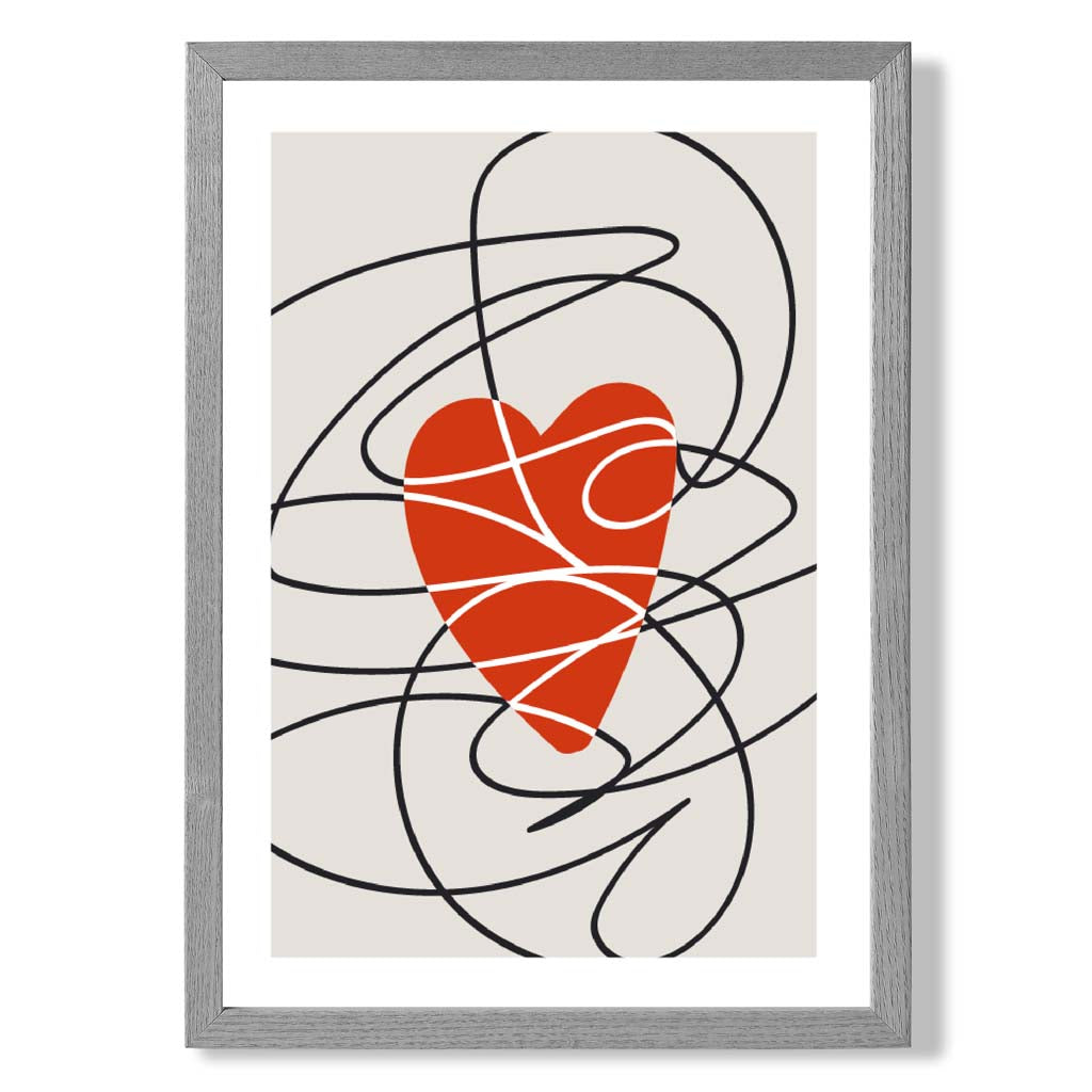 Retro Sketch Heart Sketch print in Light Grey Wooden Frame