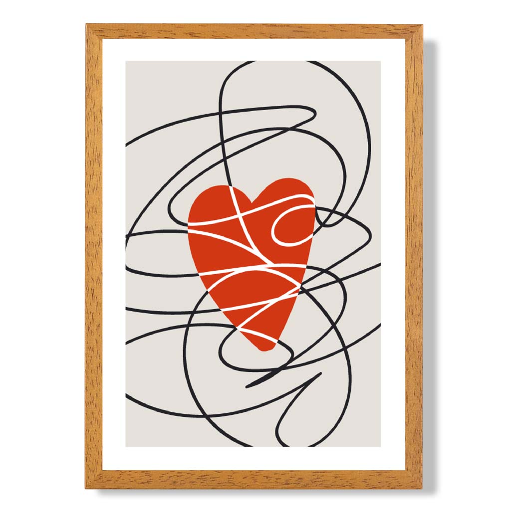 Retro Sketch Heart Sketch print in Oak Wooden Frame