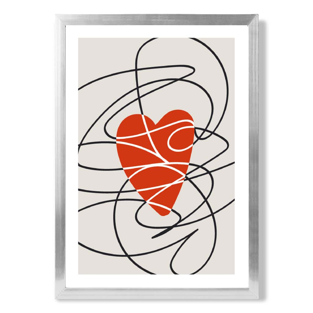 Retro Sketch Heart Sketch print in Silver Wooden Frame