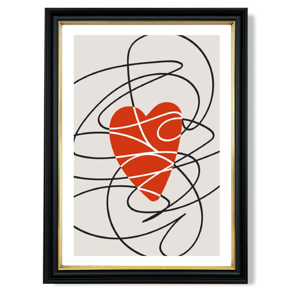 Retro Sketch Heart Sketch print in Black and Gold Frame