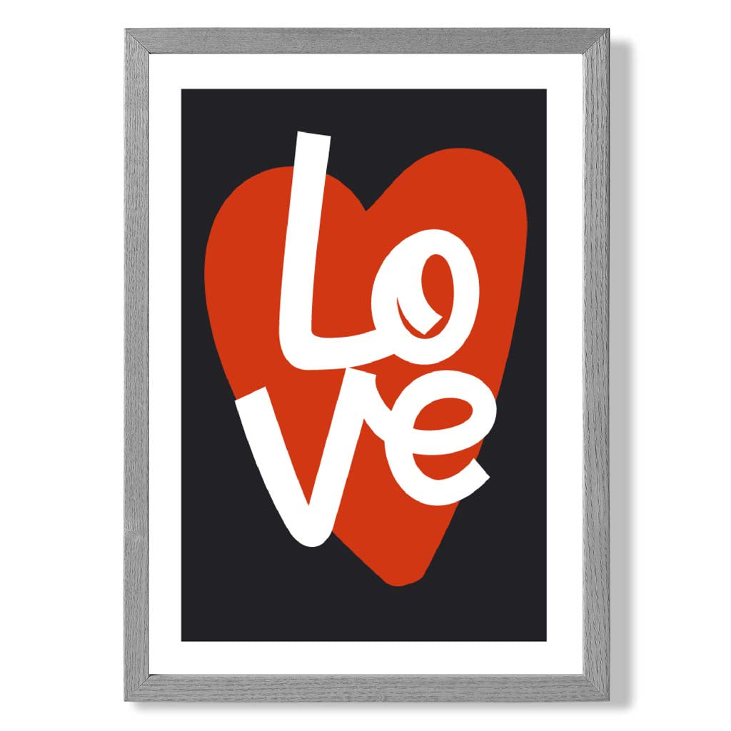 Retro Heart in Black and Red print in Light Grey Wooden Frame