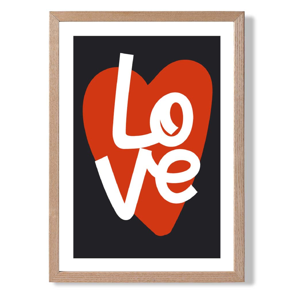 Retro Heart in Black and Red print in Light Oak Wooden Frame