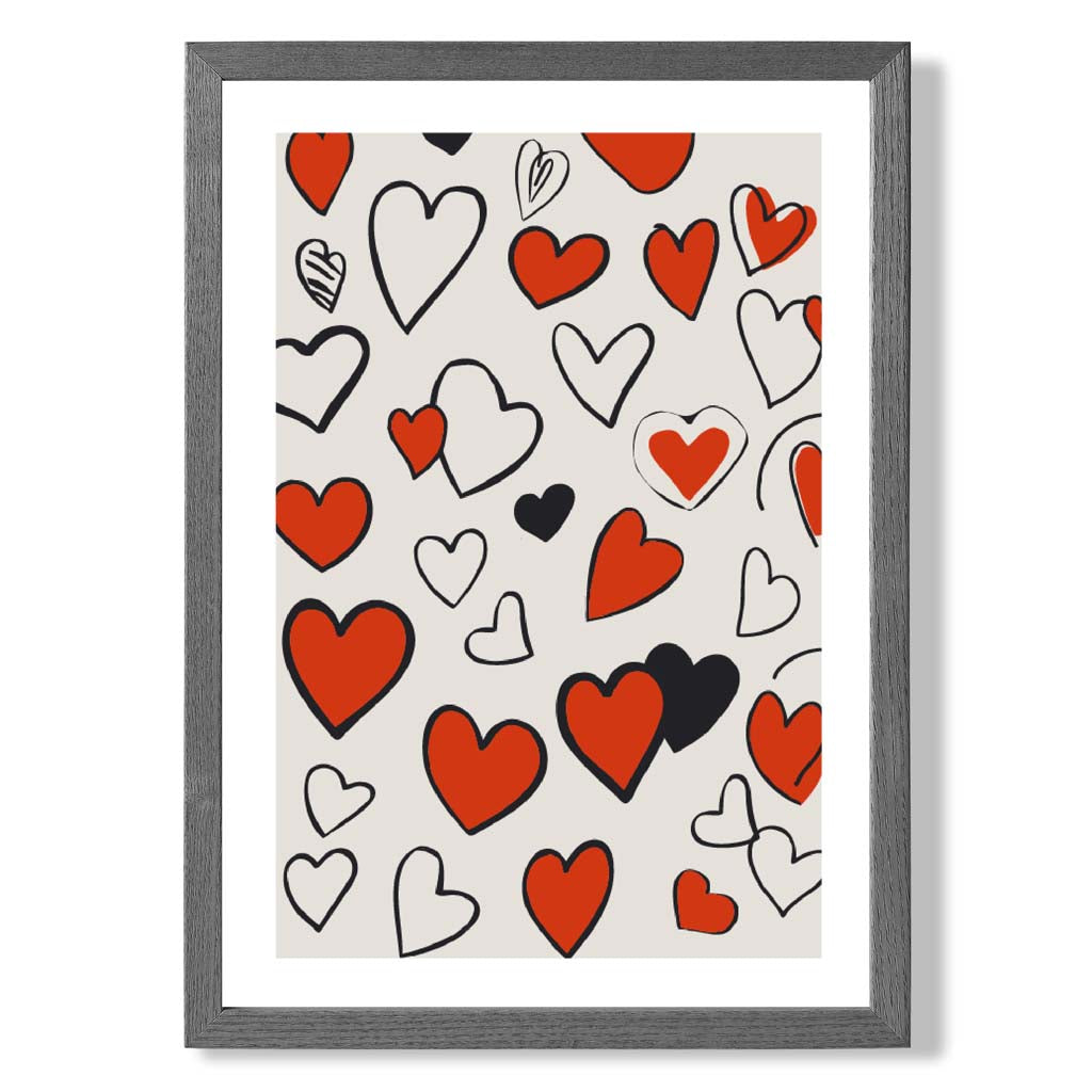 Sketch Love Hearts print in Dark Grey Wooden Frame