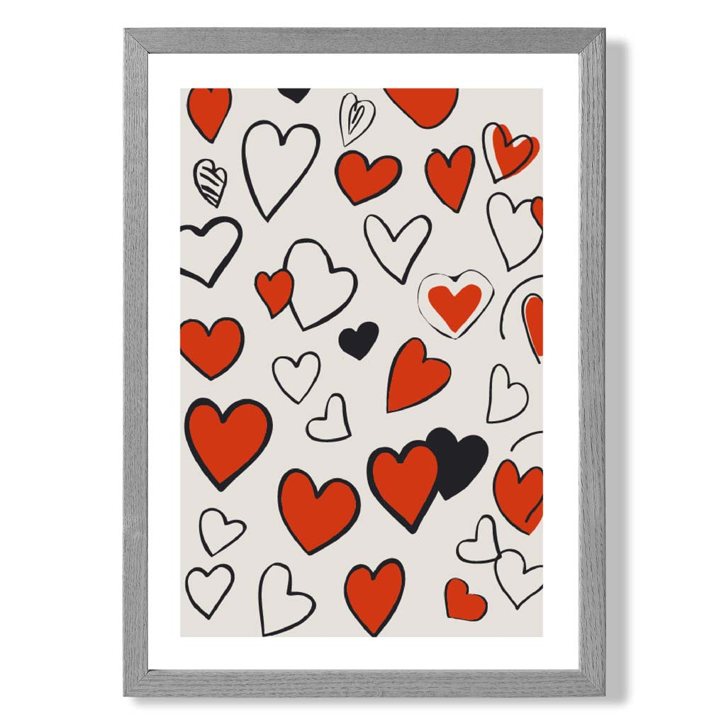 Sketch Love Hearts print in Light Grey Wooden Frame