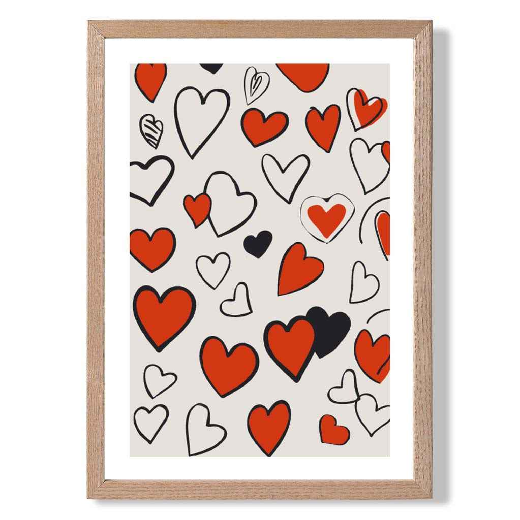 Sketch Love Hearts print in Light Oak Wooden Frame