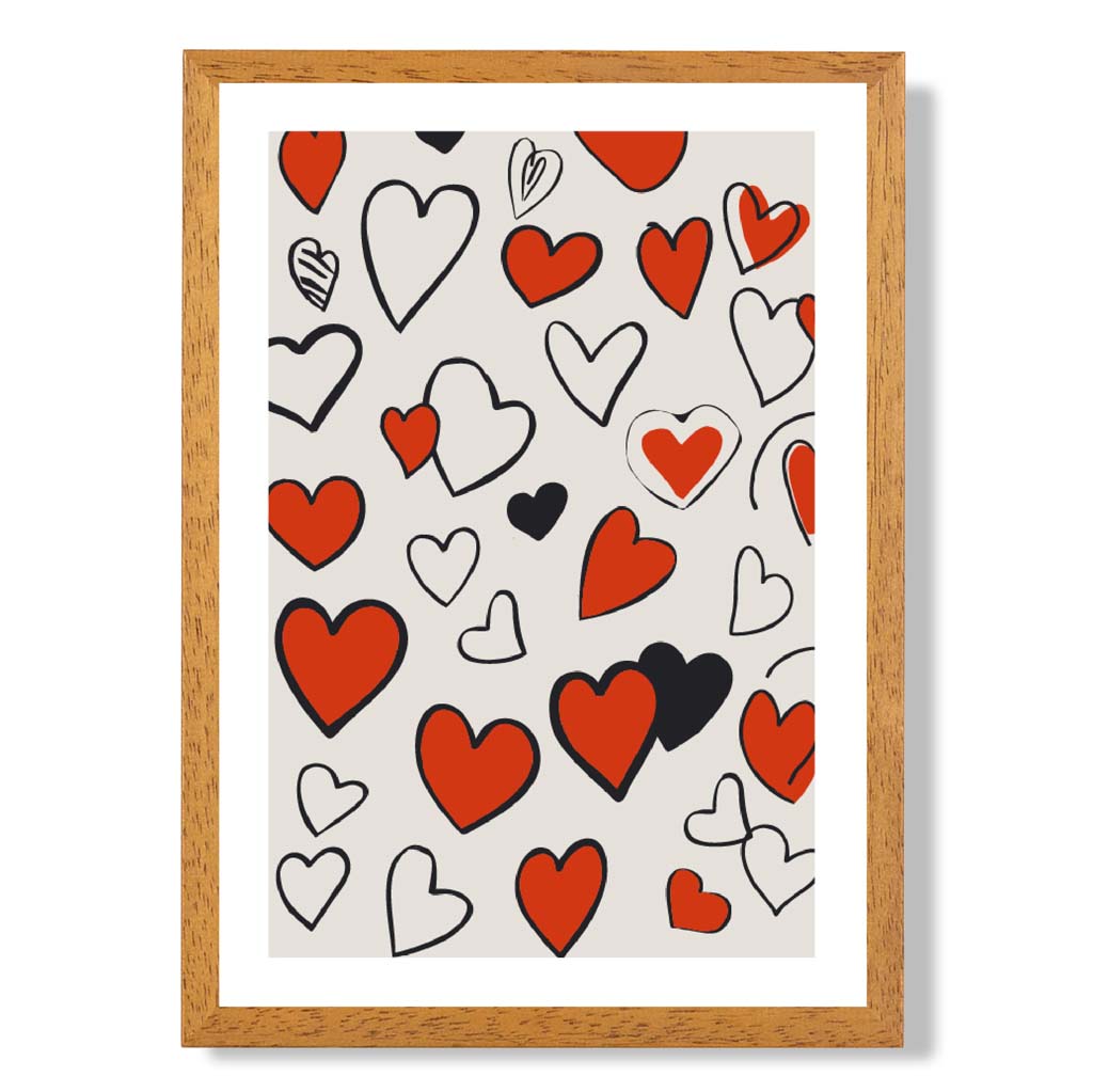 Sketch Love Hearts print in Oak Wooden Frame