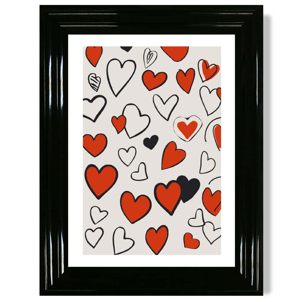 Sketch Love Hearts print in Black Glossy Frame