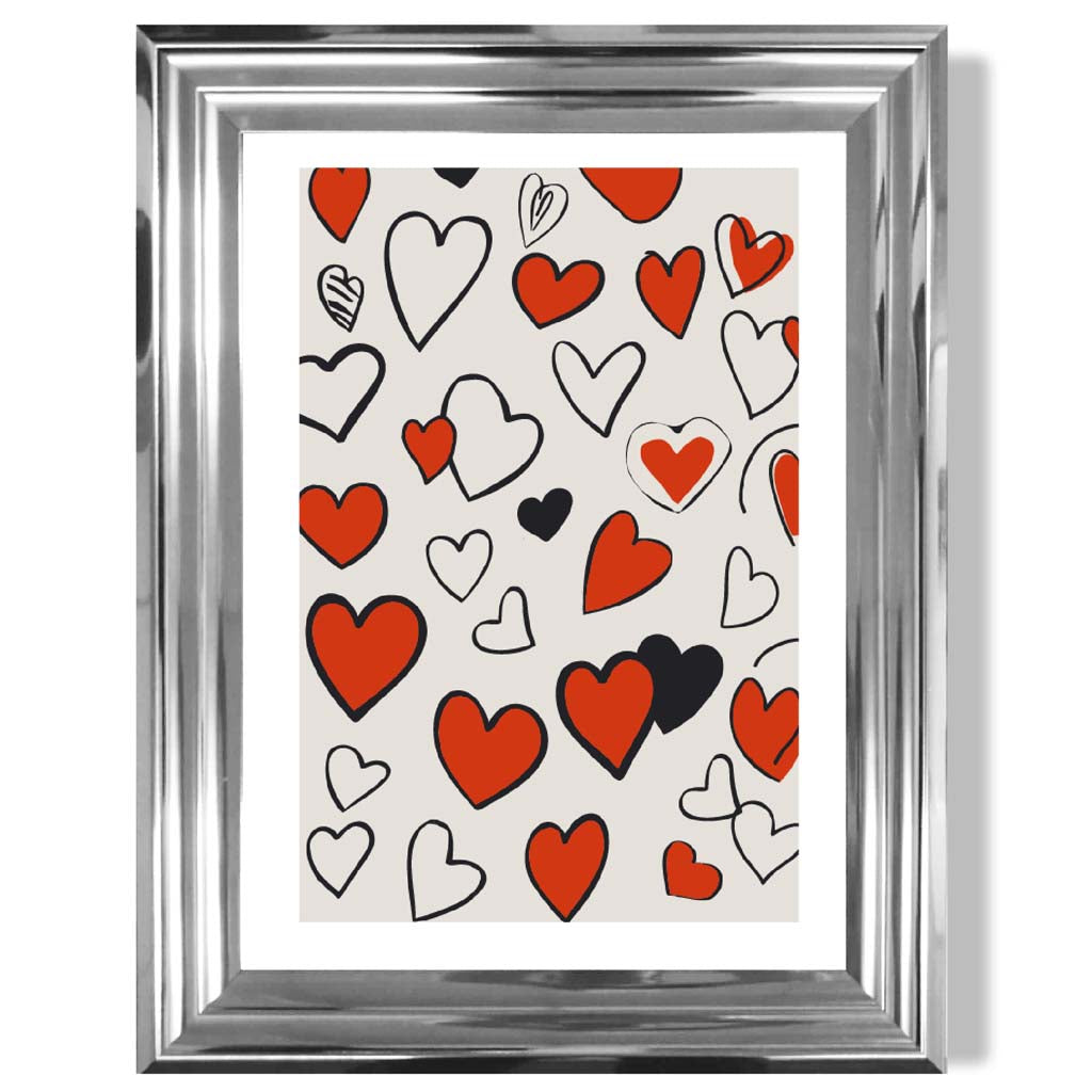 Sketch Love Hearts print in Chrome Glossy Frame