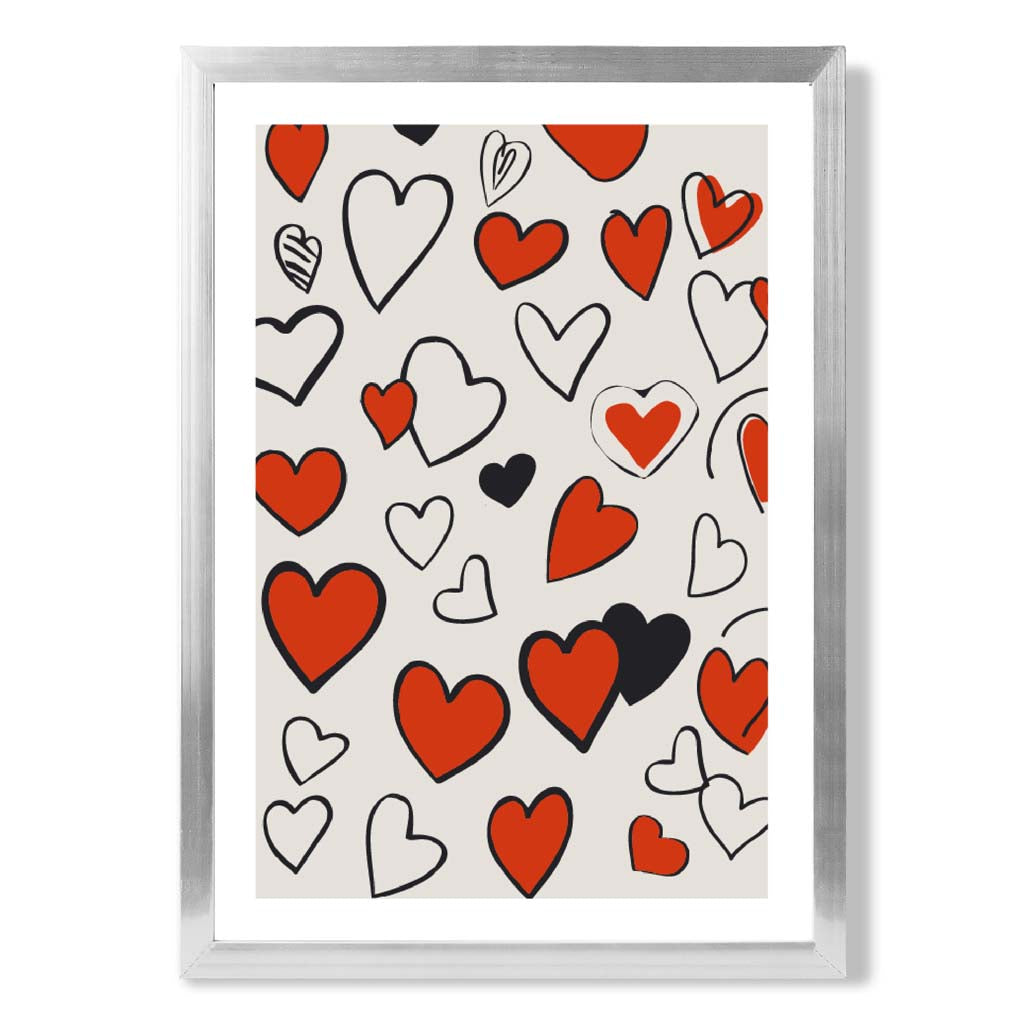 Sketch Love Hearts print in Silver Wooden Frame