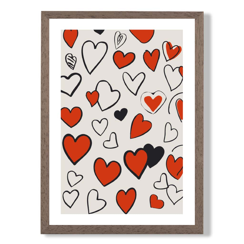 Sketch Love Hearts print in Walnut Wooden Frame