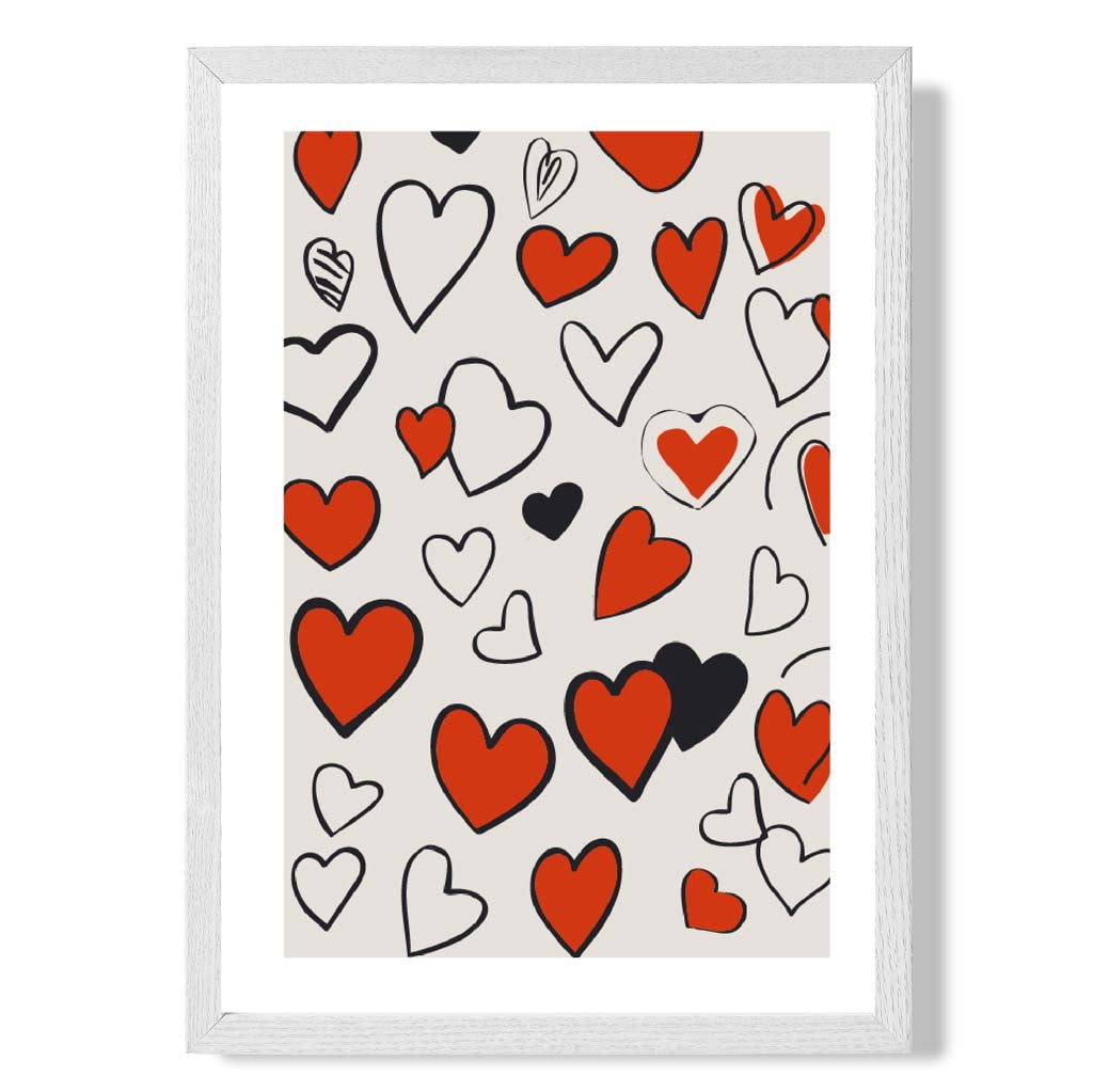 Sketch Love Hearts print in White Wooden Frame