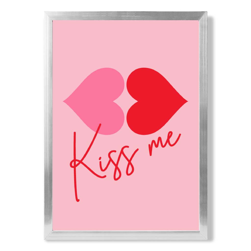 Kiss Me Heart Lips print in Silver Wooden Frame