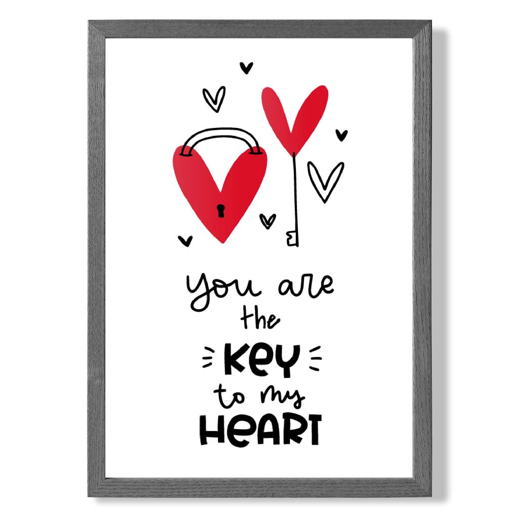 Key to my Heart print in Dark Grey Wooden Frame