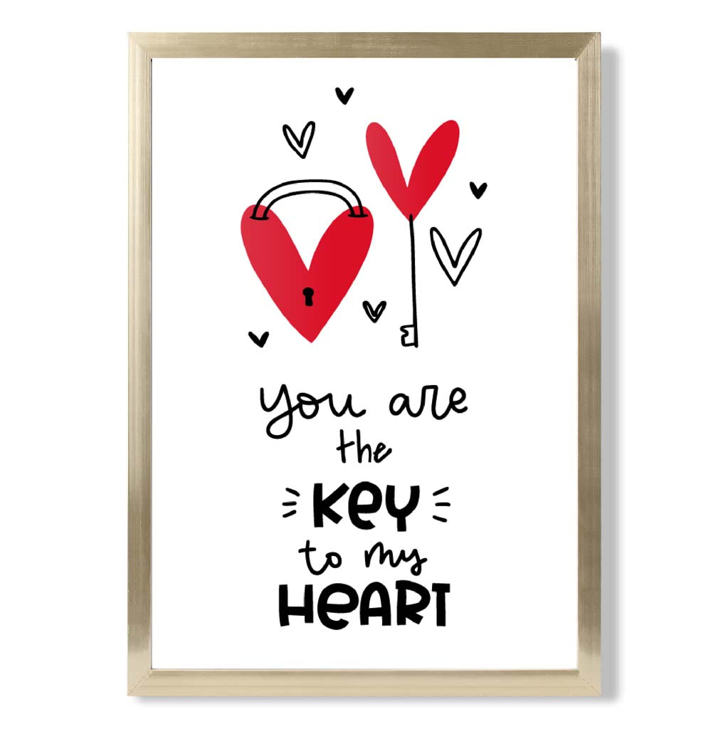 Key to my Heart print in Gold Wooden Frame