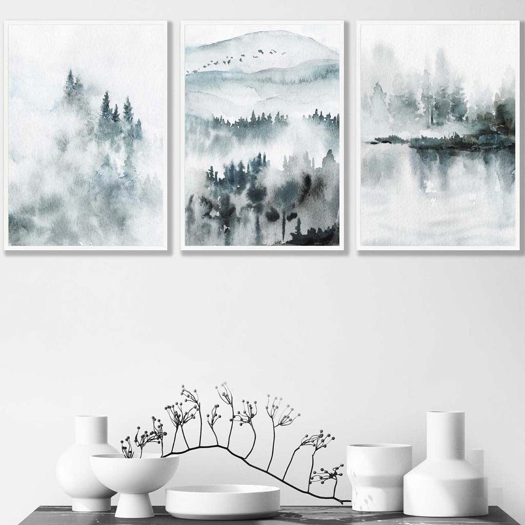 Teal Blue Abstract Forest Lake Set of 3 Wall Art Prints