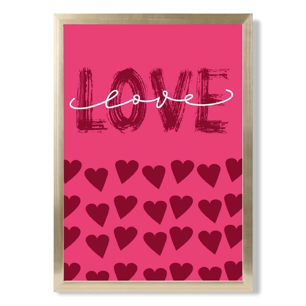 Love with Hearts Pink print in Gold Wooden Frame