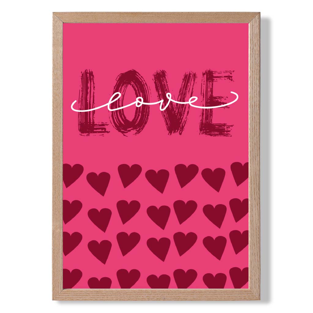 Love with Hearts Pink print in Light Oak Wooden Frame