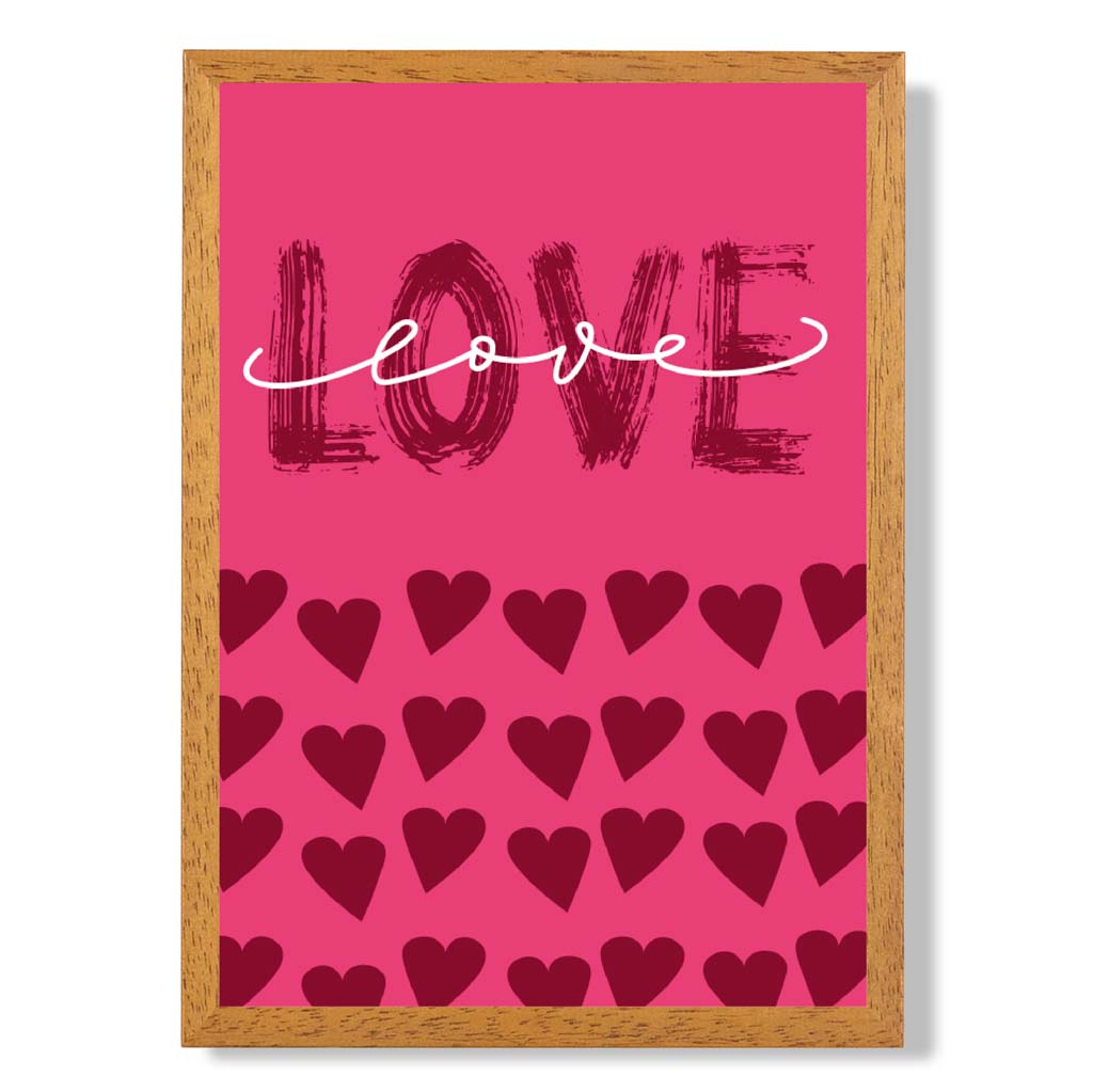 Love with Hearts Pink print in Oak Wooden Frame