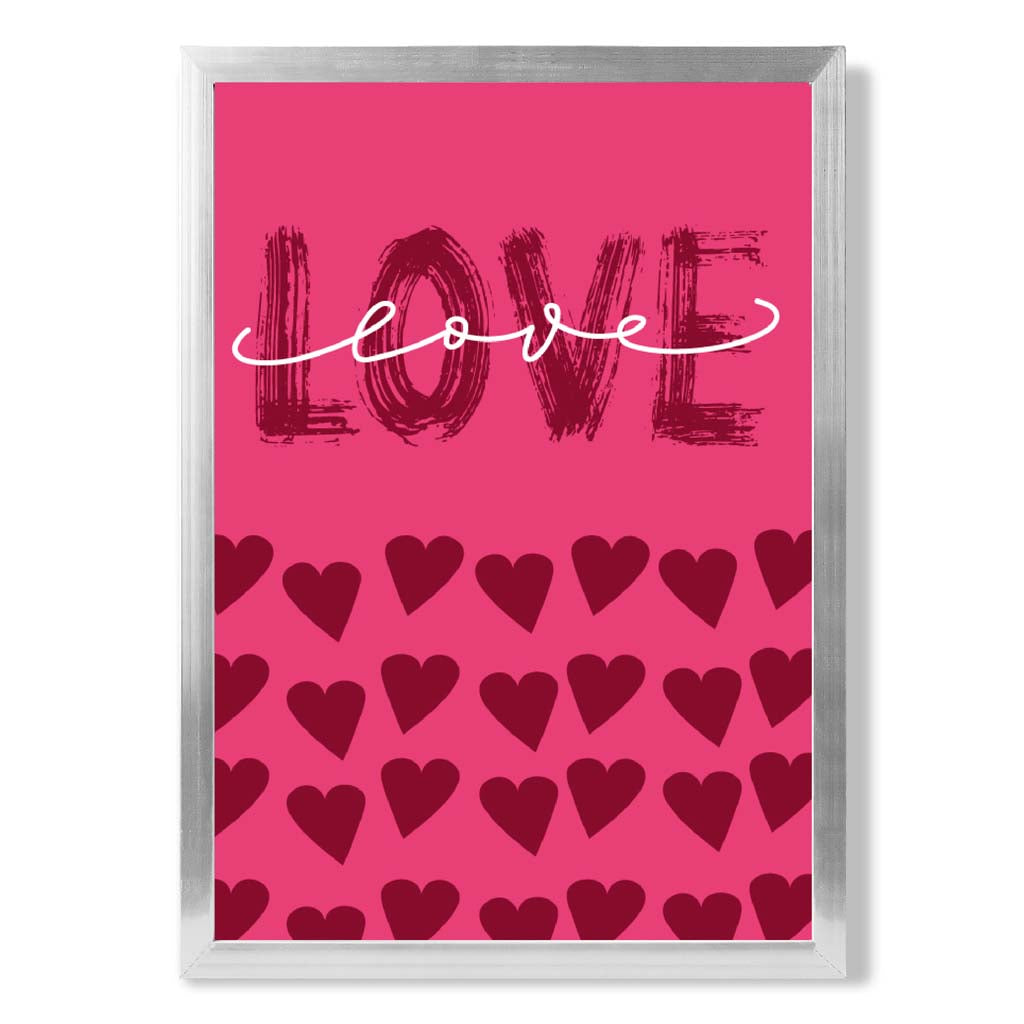 Love with Hearts Pink print in Silver Wooden Frame