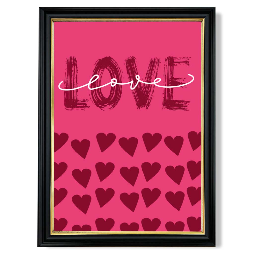 Love with Hearts Pink print in Black and Gold Frame