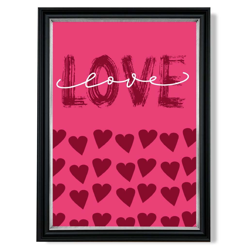 Love with Hearts Pink print in Black and silver Frame