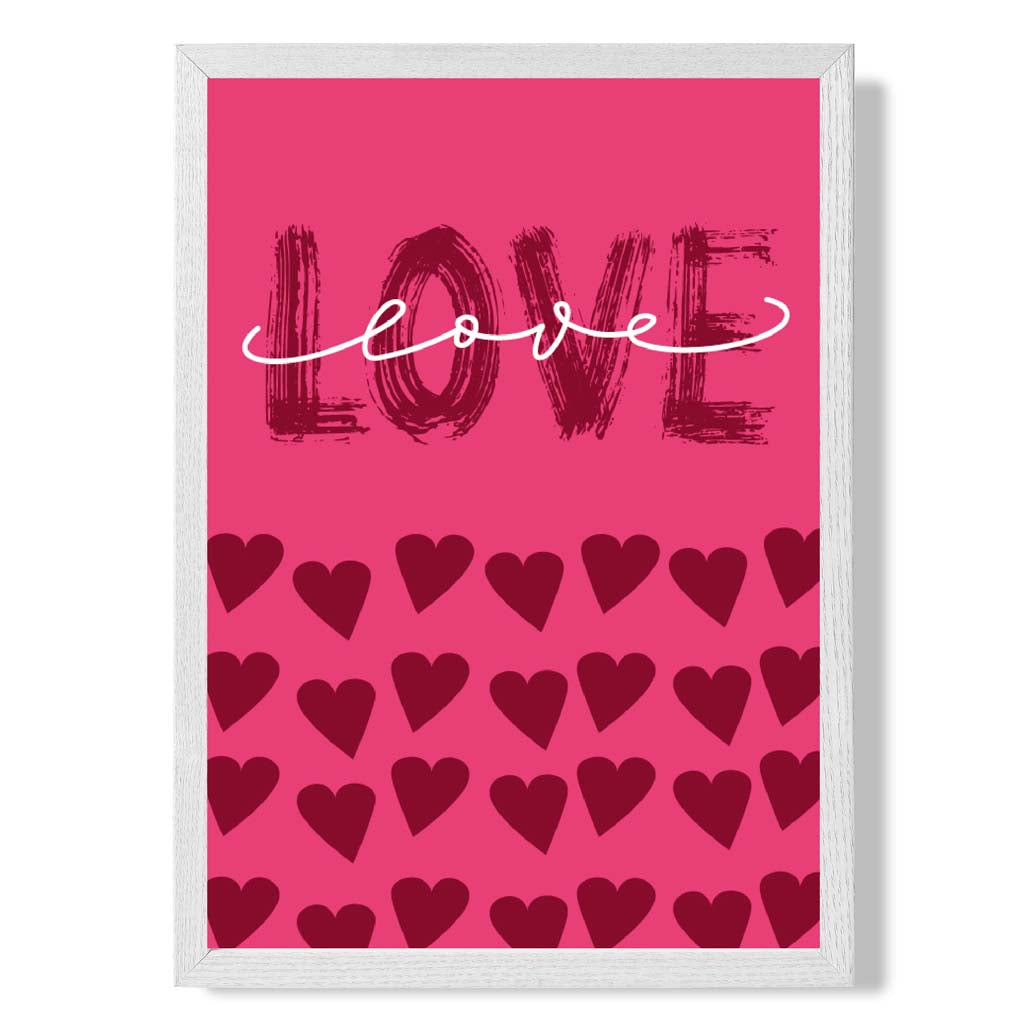 Love with Hearts Pink print in White Wooden Frame