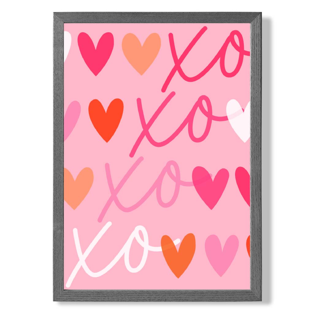 XOXO Pink Colourful Hearts print in Dark Grey Wooden Frame